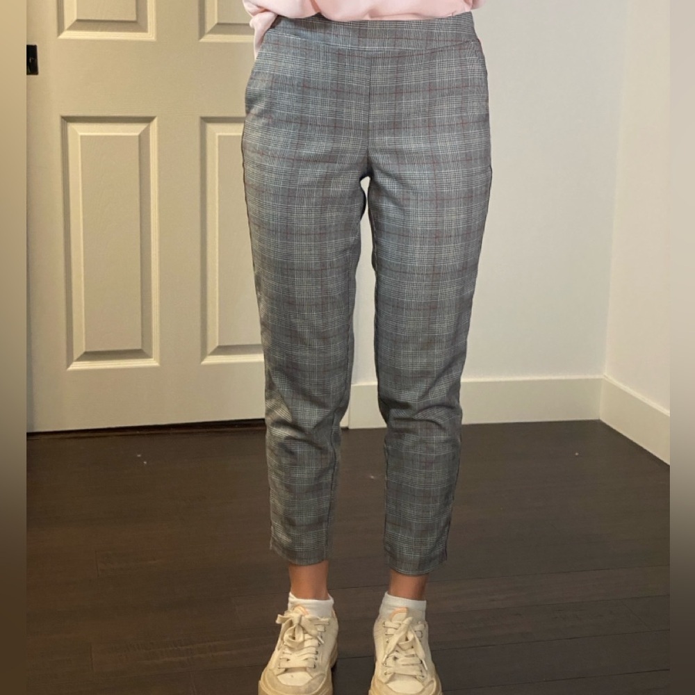 Gray Checkered Plaid Pants with Red and White Side Stripe Accent - Size 36